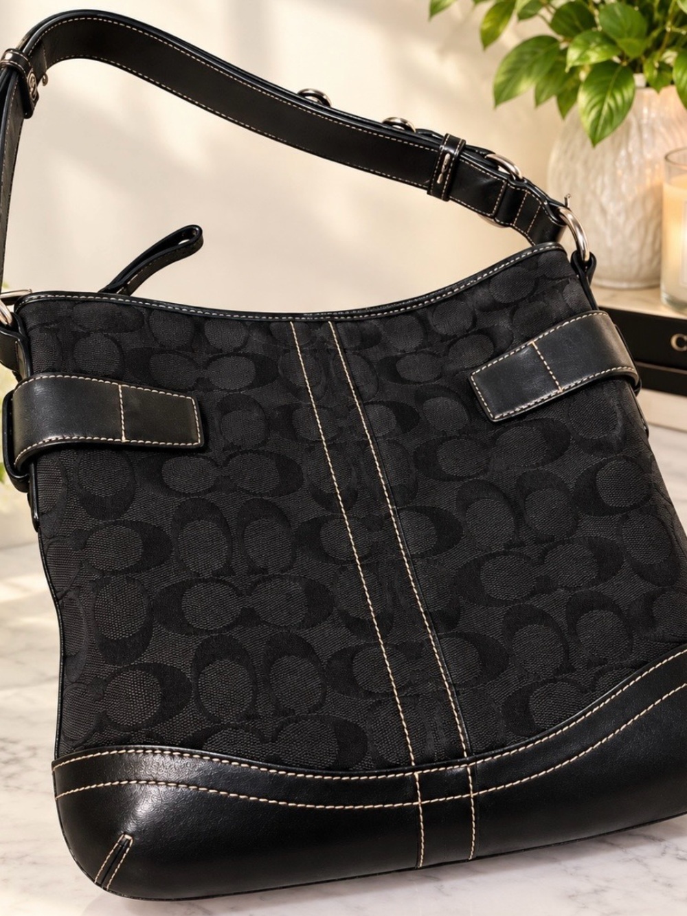 Coach Black Signature Jacquard Shoulder Bucket Bag with Buckle Details - Picture 2 of 3